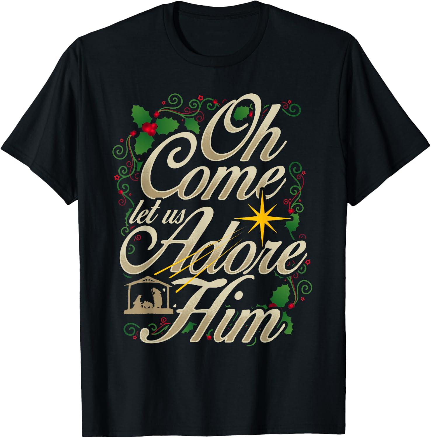 Oh come let us worship him Christmas nativity scene Christmas T-Shirt - T-Shirt | Black