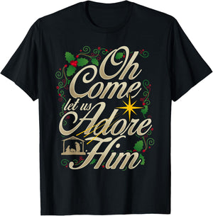 Oh come let us worship him Christmas nativity scene Christmas T-Shirt - T-Shirt | Black