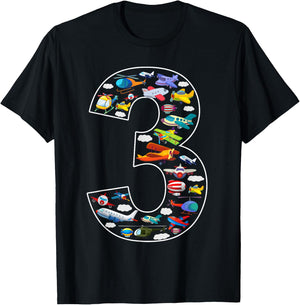 3rd Birthday Airplane Helicopter 3 Year Old Birthday Party T-Shirt - T-Shirt | Black