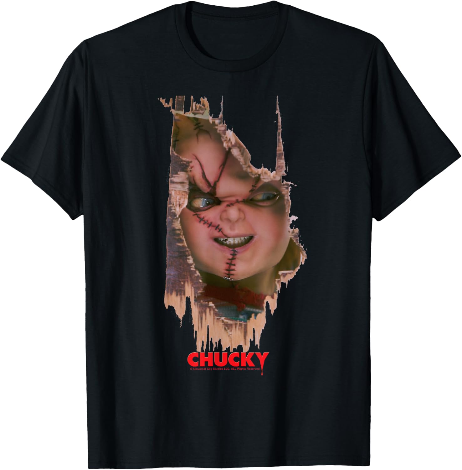 Child's Play Broken Door Here's Chucky Poster T-Shirt - T-Shirt | Black