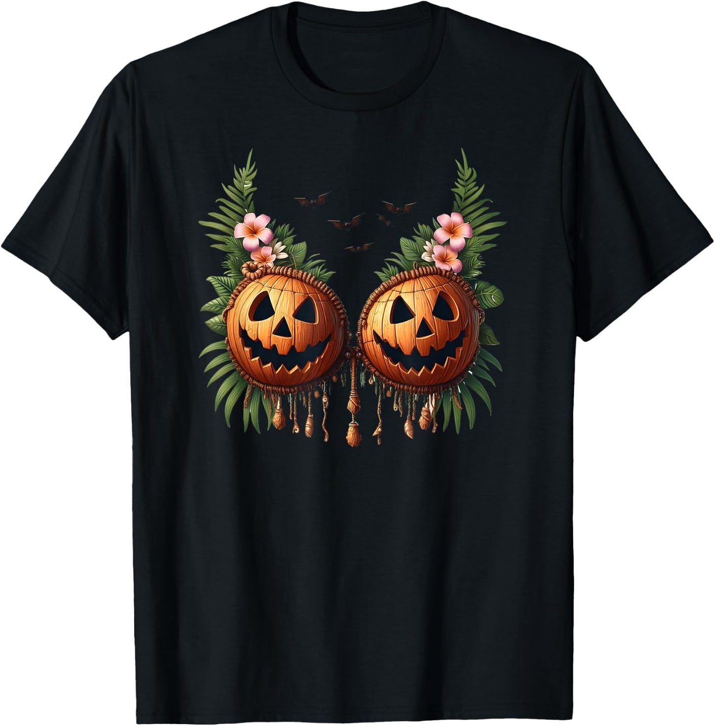 Hawaiian Coconut Shell Bra Pumpkin Jack O Lantern Halloween T-Shirt - T-Shirt | Black