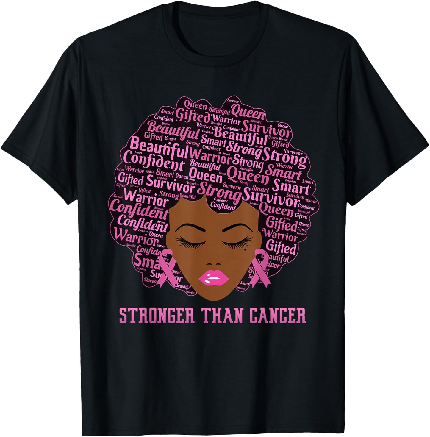 Black Women Queen Stronger Than Breast Cancer Pink Ribbon T-Shirt - T-Shirt | Black