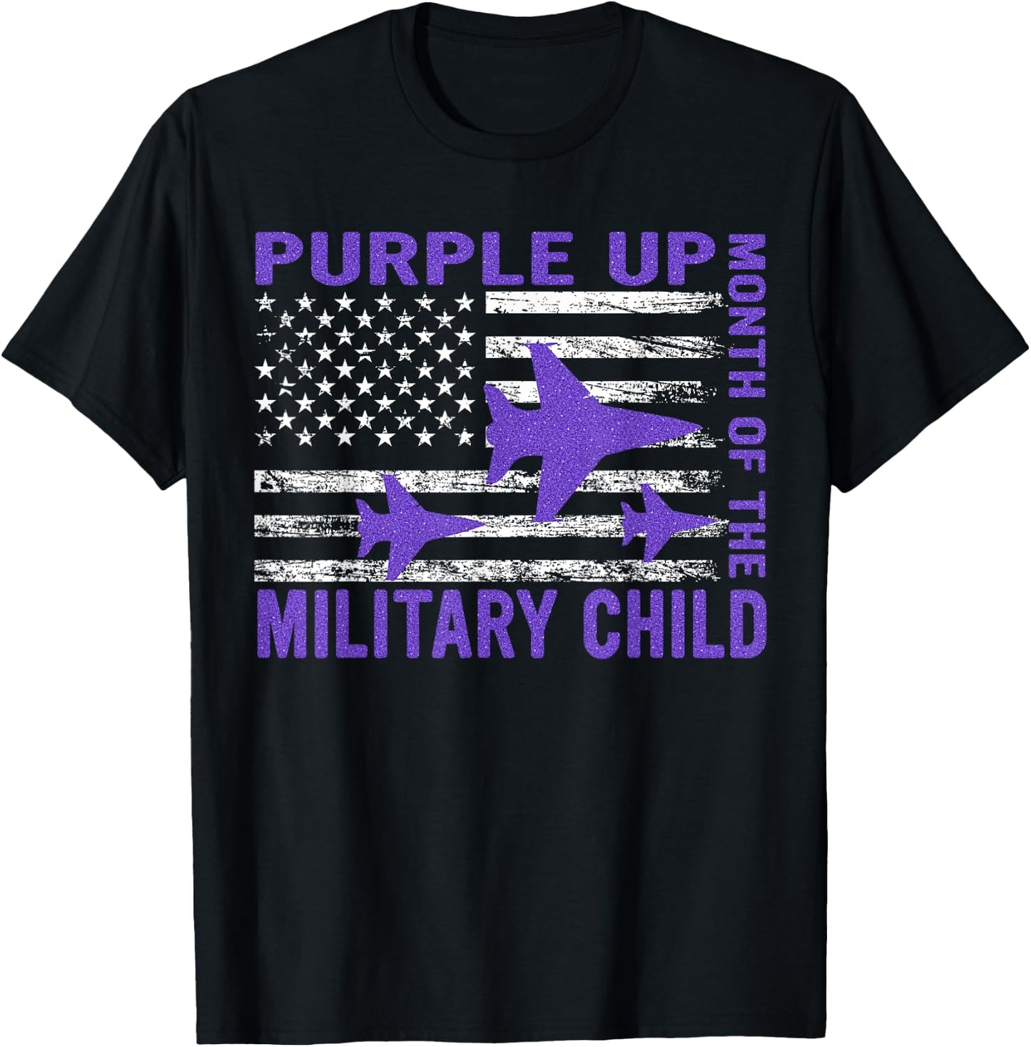 Purple Up Military Child Month USA Flag T-Shirt - T-Shirt | Black