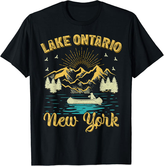 Summer Vacation Retro Mountain New York Ontario Lake Men Women Kids T-Shirt - T-Shirt | Black