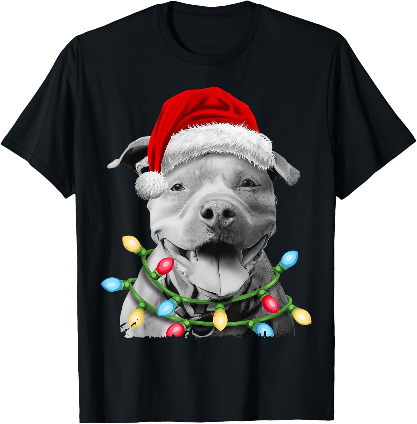 Pit Bull Santa Christmas Tree Lights Xmas Boys Dog Dogmas T-Shirt - T-Shirt | Black