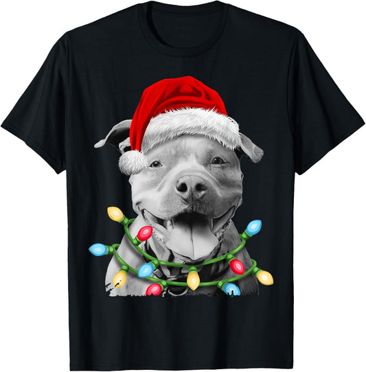 Pit Bull Santa Christmas Tree Lights Xmas Boys Dog Dogmas T-Shirt - T-Shirt | Black