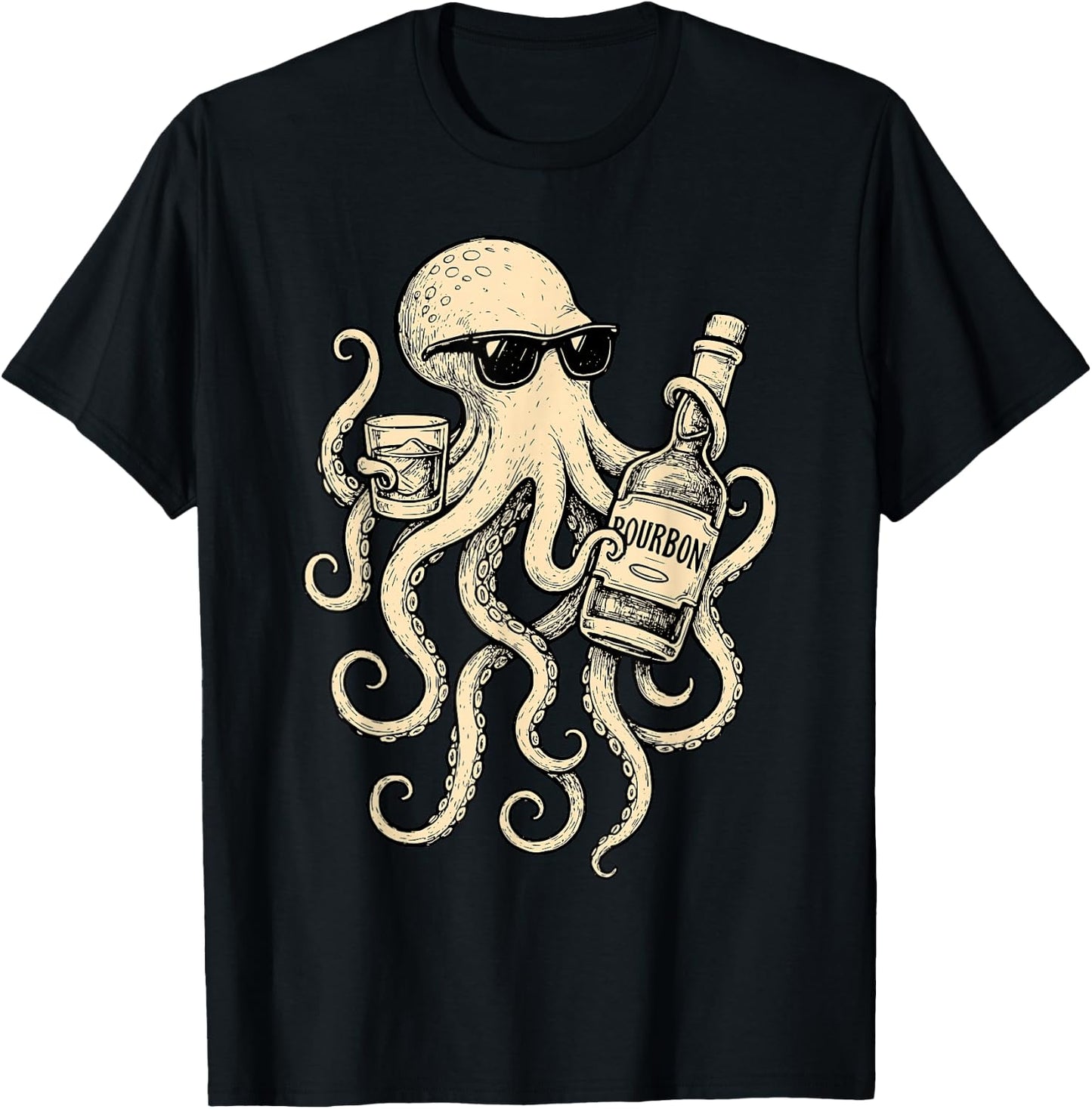 Vintage Octopus Drinking Bourbon Whiskey Bartending Drinker T-Shirt - T-Shirt | Black