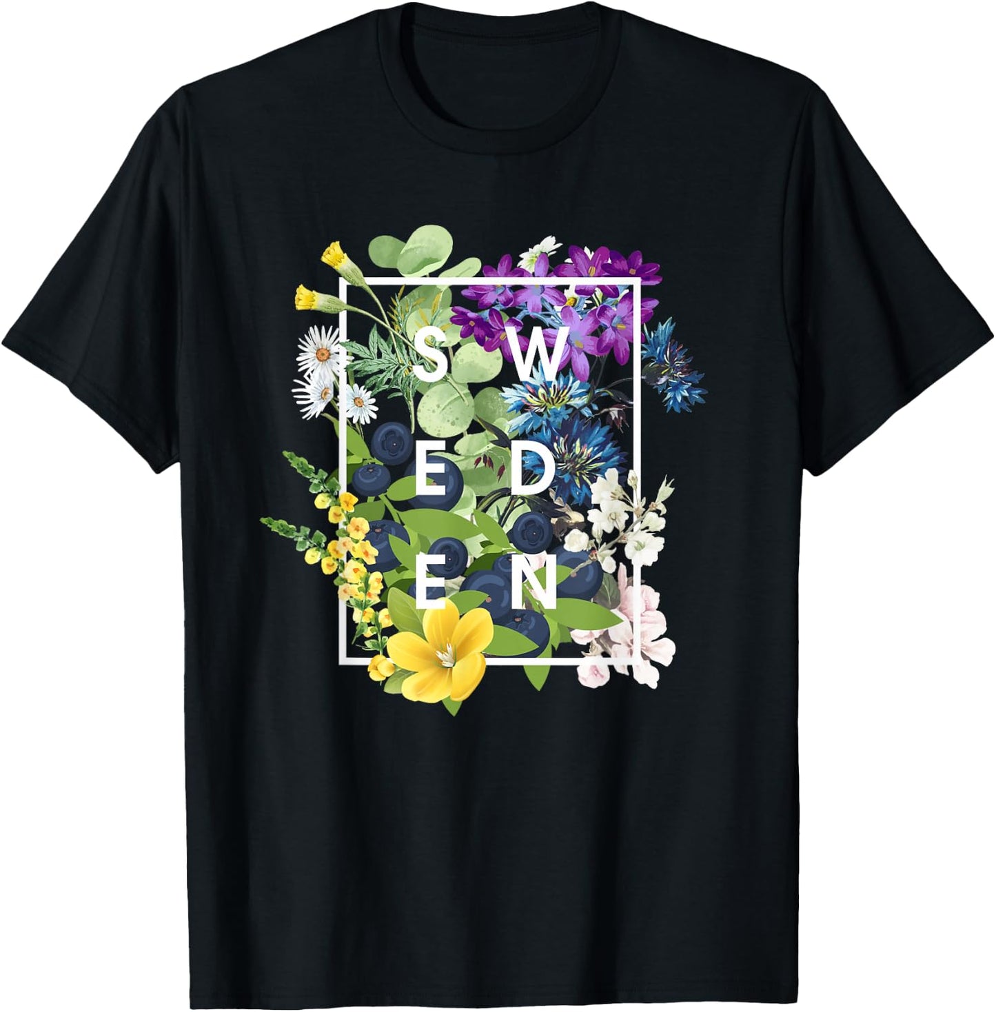 Flowers of Sweden Word Art - Swedish Pride T-Shirt - T-Shirt | Black