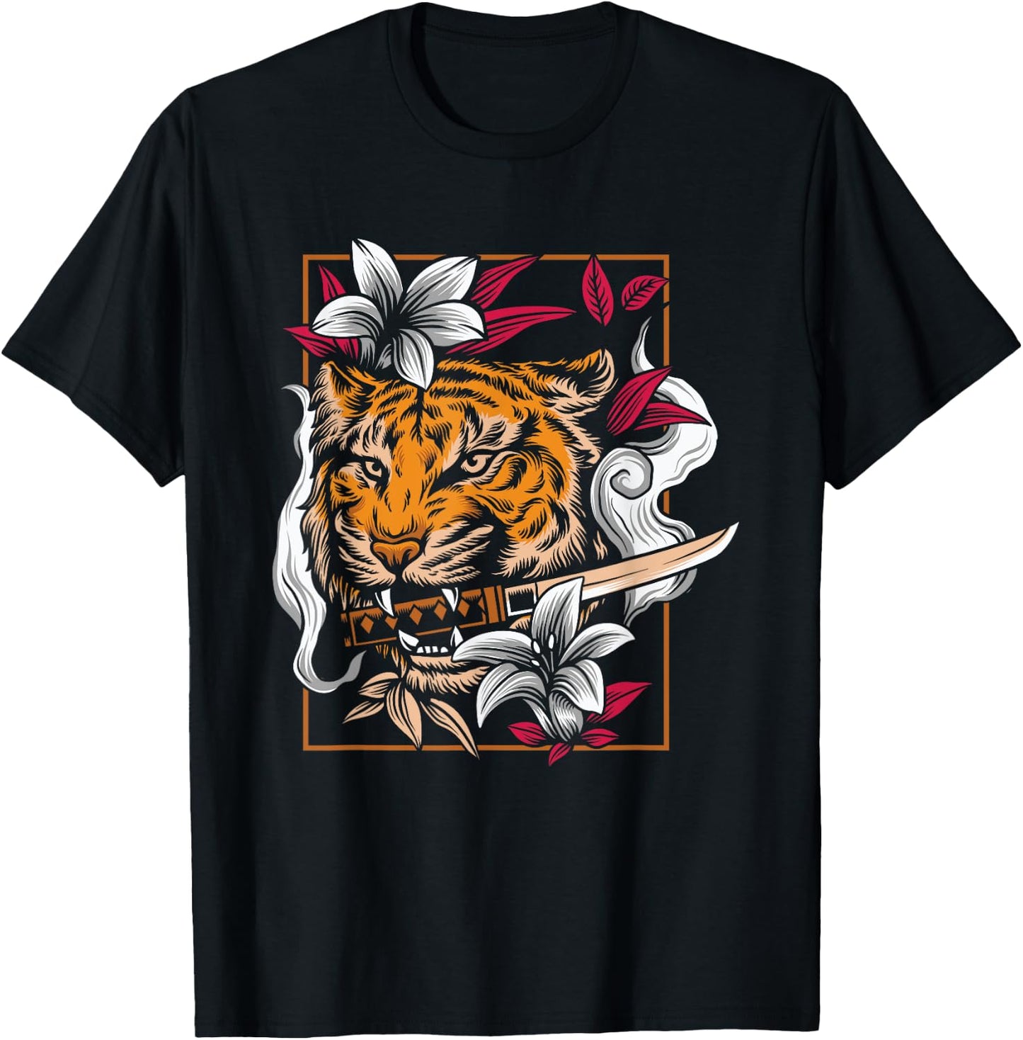 Dancing Tiger Japanese Asian Art Inspired Cartoon Graphic T-Shirt - T-Shirt | Black