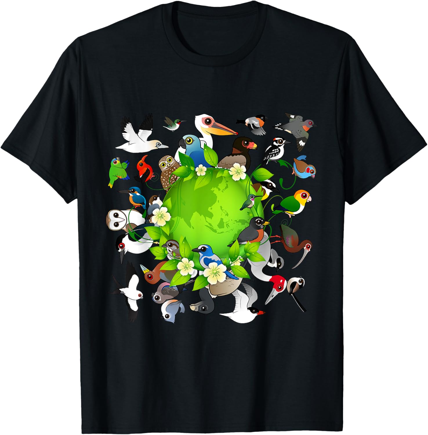 Flock of Cartoon Birds Around Earth | Earth Day Birdorable T-Shirt - T-Shirt | Black