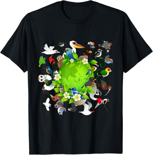 Flock of Cartoon Birds Around Earth | Earth Day Birdorable T-Shirt - T-Shirt | Black