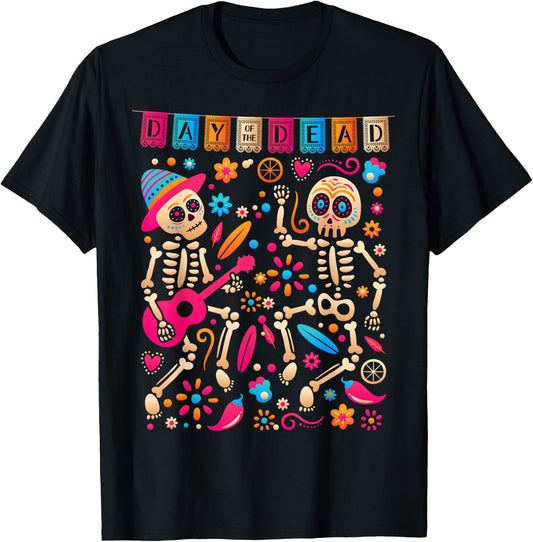 Colorful Dancing Mexican Skeletons - Cute Day Of The Dead T-Shirt - T-Shirt | Black