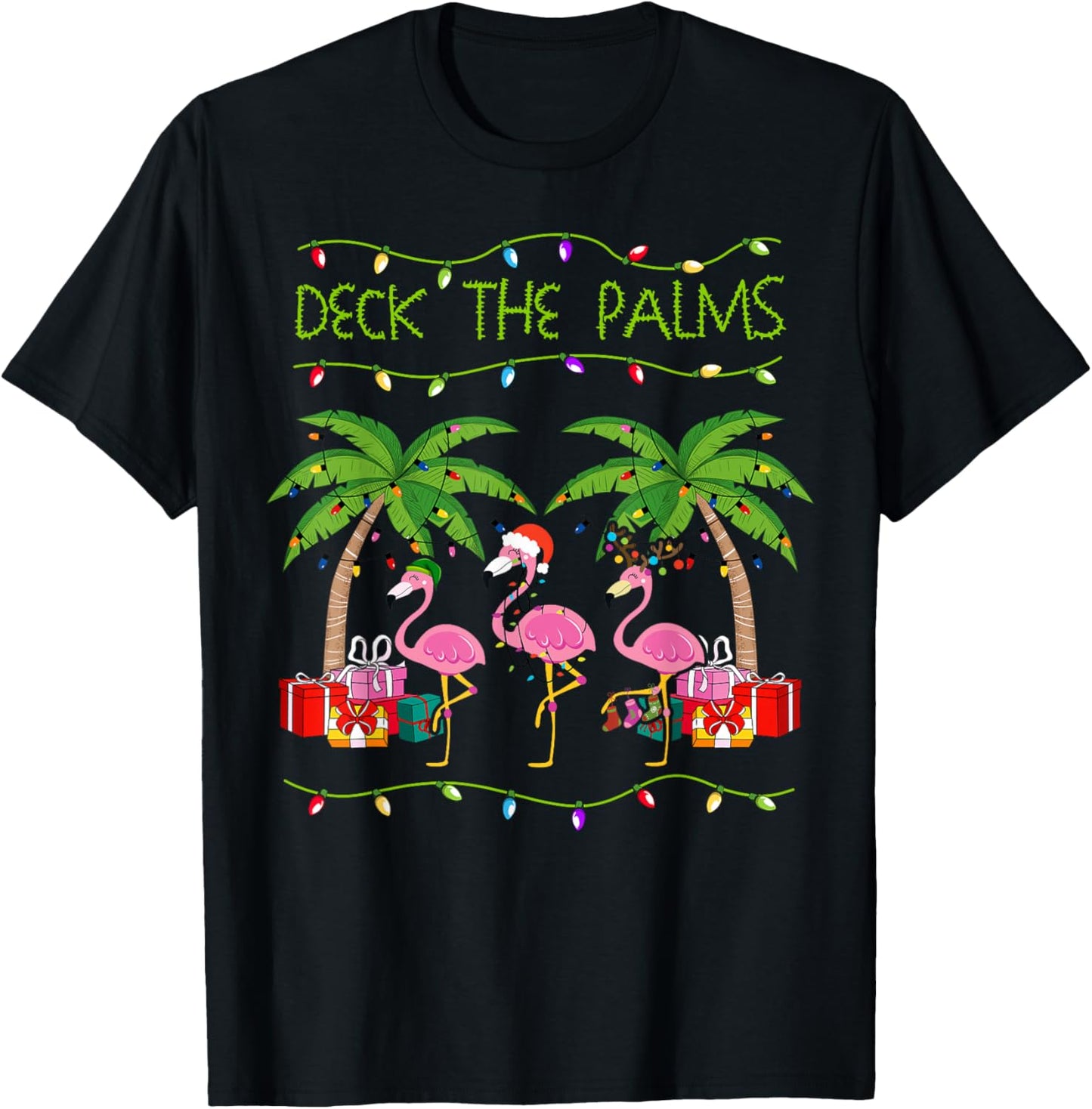 Funny Deck the Palms Merry Flamingo Christmas In July Idea T-Shirt - T-Shirt | Black