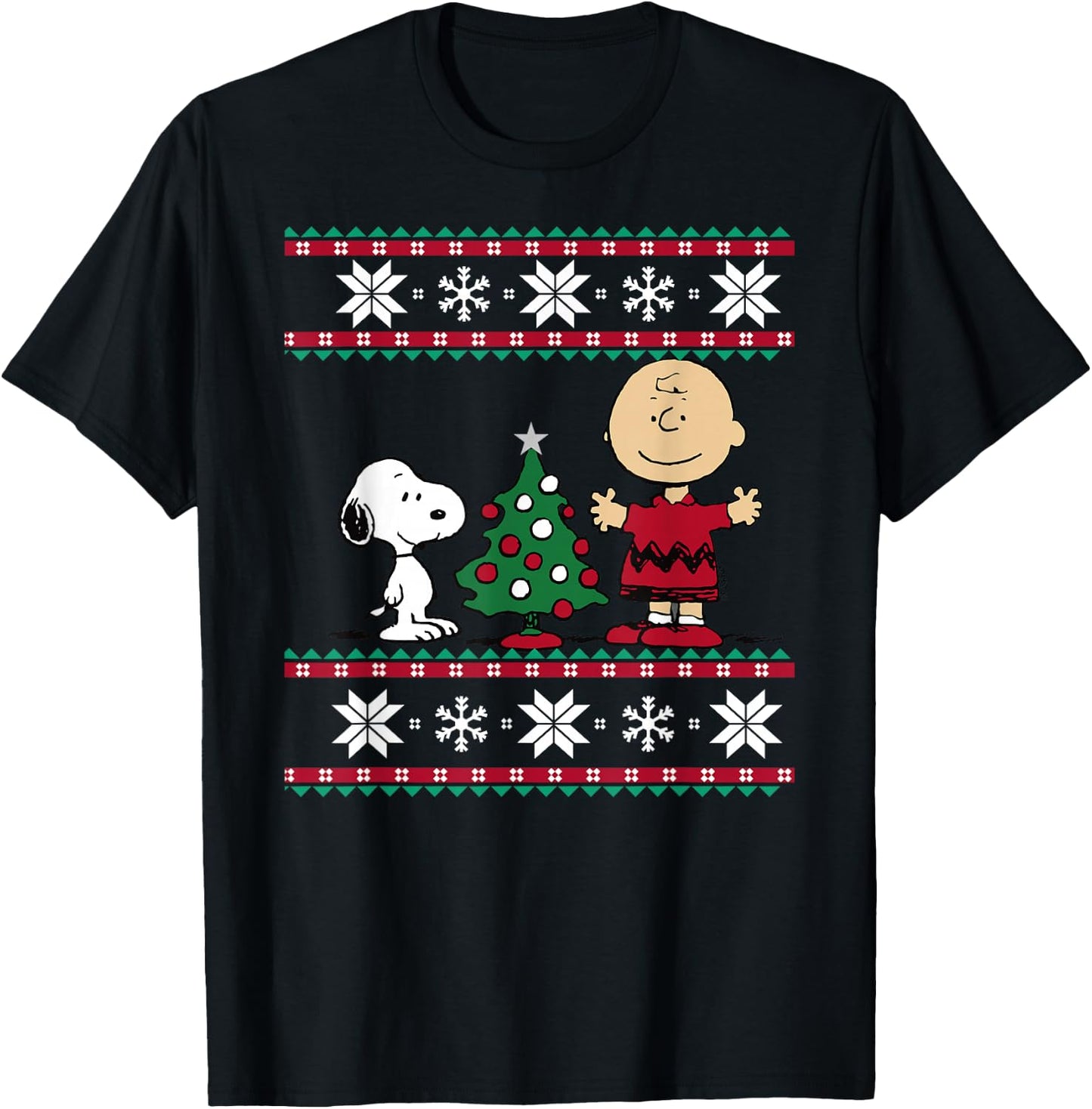 Peanuts Snoopy and Charlie Christmas tree Short Sleeve Blue T-Shirt - T-Shirt | Black