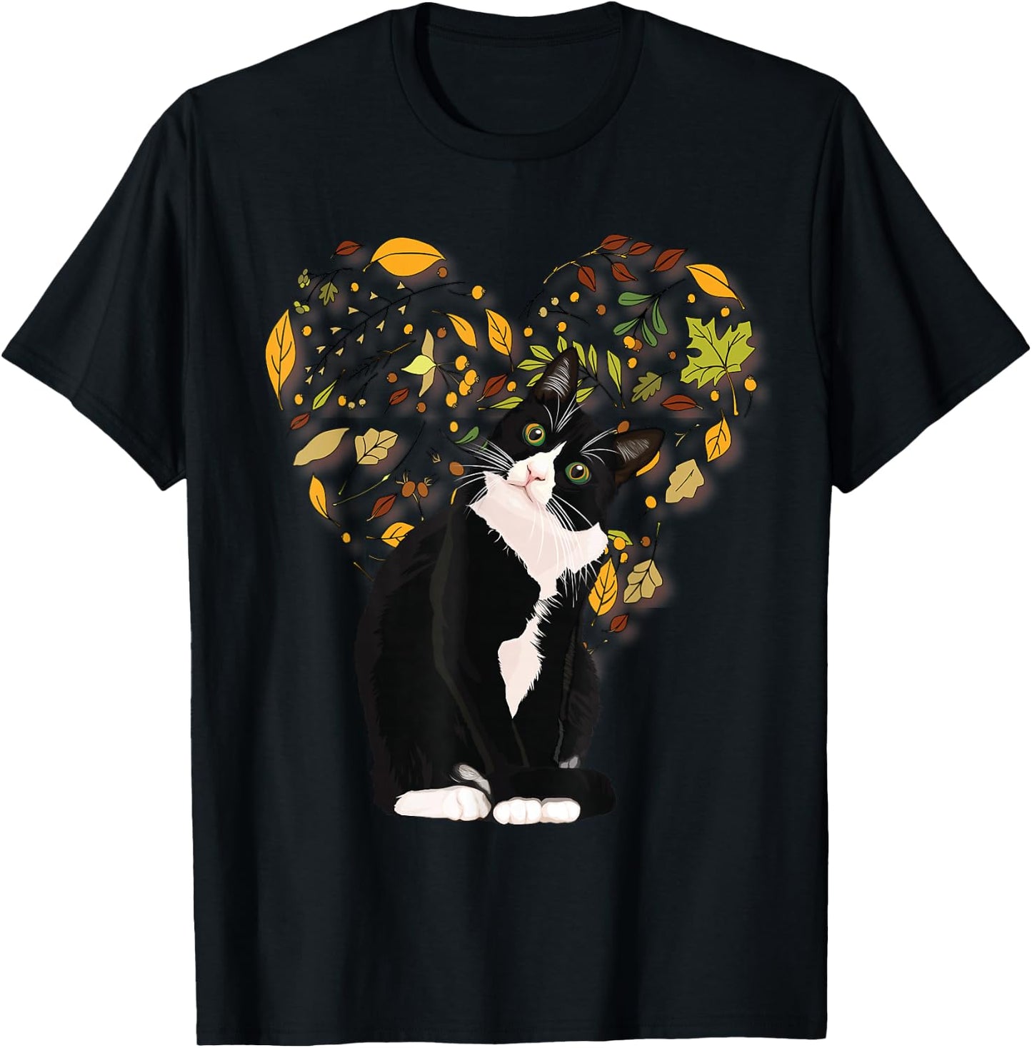 Tuxedo Cat t Shirt Gift Autumn Fall Leaves Black and White T-Shirt - T-Shirt | Black
