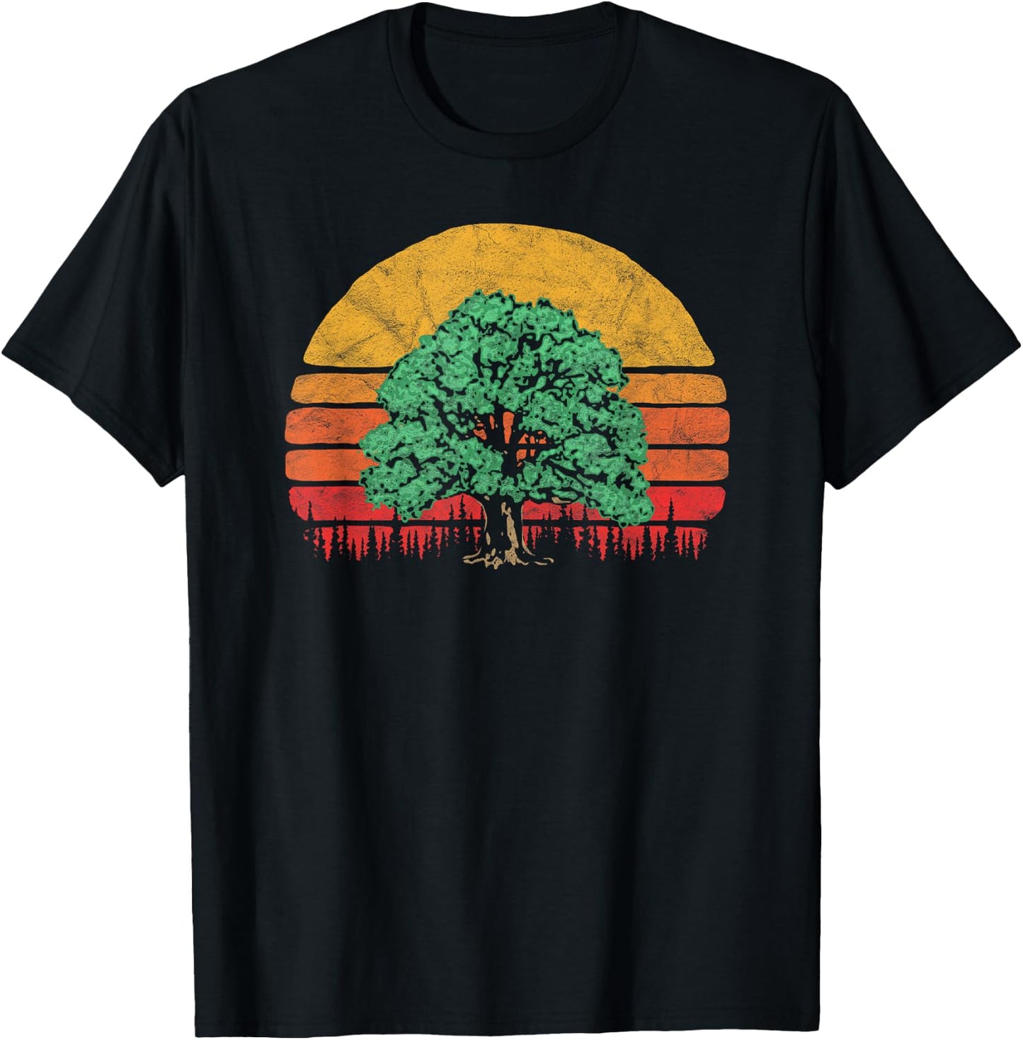 Retro Sun Minimalist Oak Tree Design - Graphic T-Shirt - T-Shirt | Black