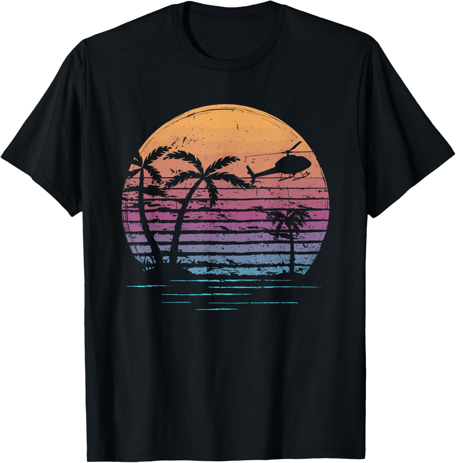Aviator Helicopter Pilot Vintage Retro Palm Tree Sunset T-Shirt - T-Shirt | Black