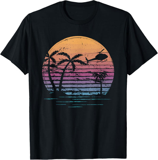 Aviator Helicopter Pilot Vintage Retro Palm Tree Sunset T-Shirt - T-Shirt | Black
