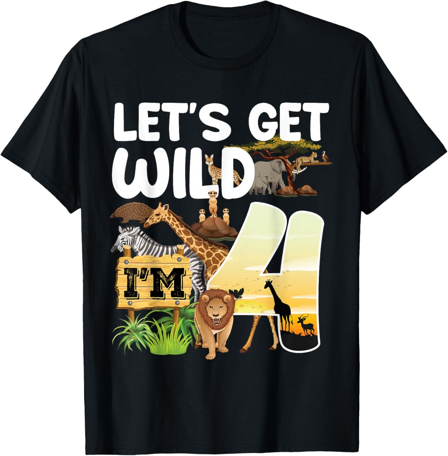 4 Year Old Zoo Birthday Safari Jungle Animal 4th B-Day T-Shirt - T-Shirt | Black