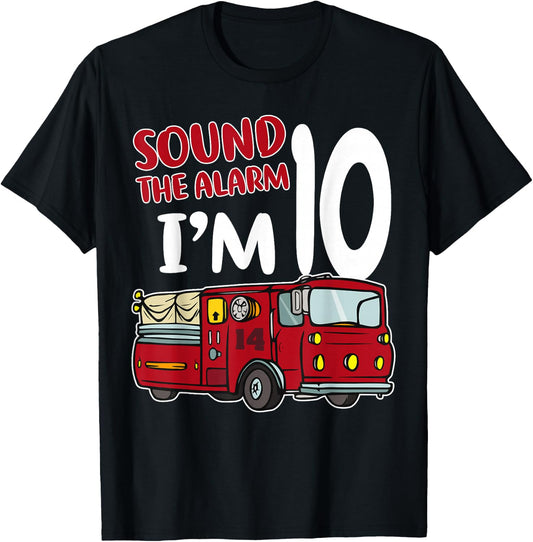 Fire Truck 10th Birthday Fireman Firefighter 10 Year Old T-Shirt - T-Shirt | Black
