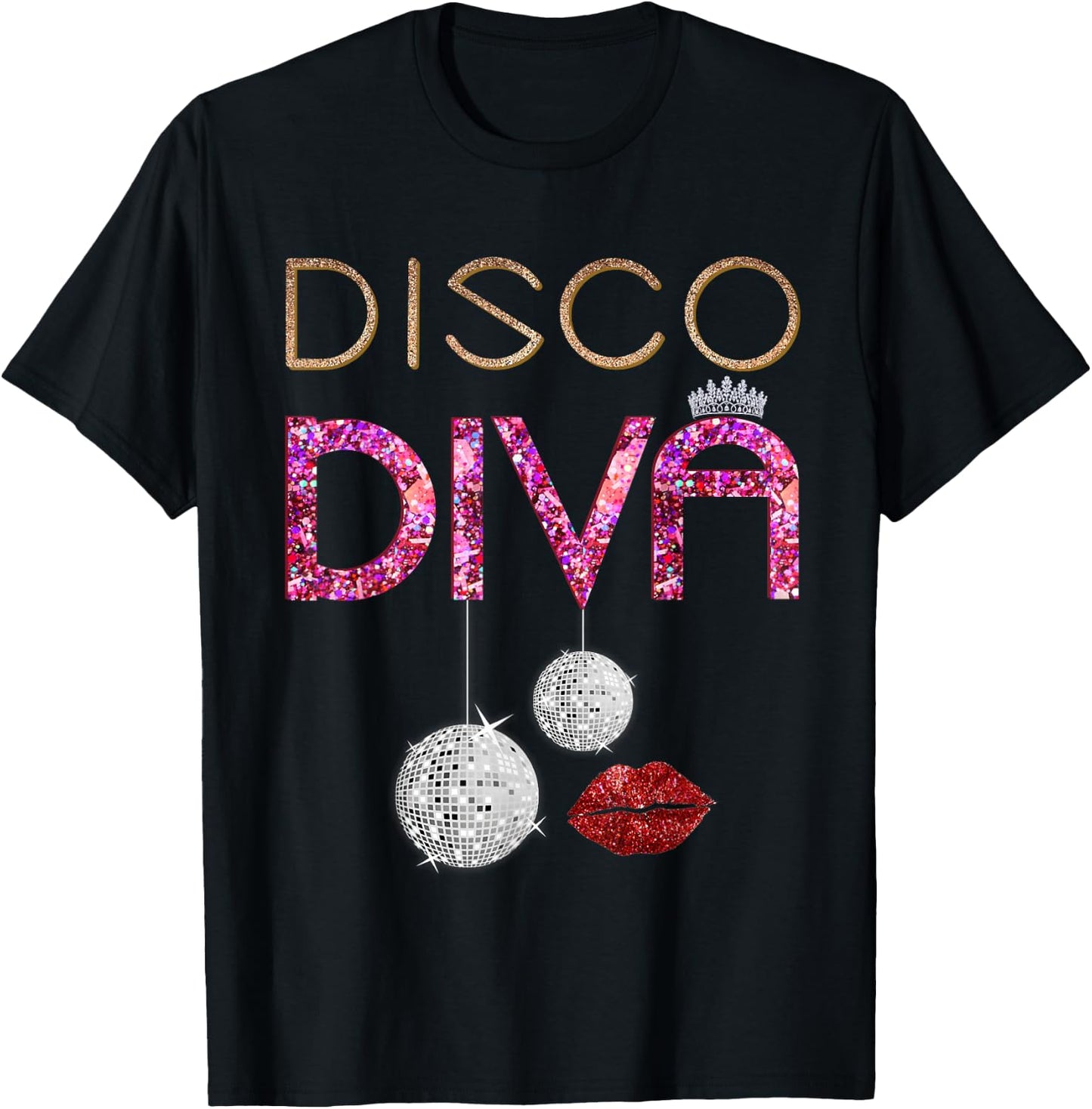 Disco Diva Ladies Disco Gold Ball Silver Red Lips T-Shirt - T-Shirt | Black