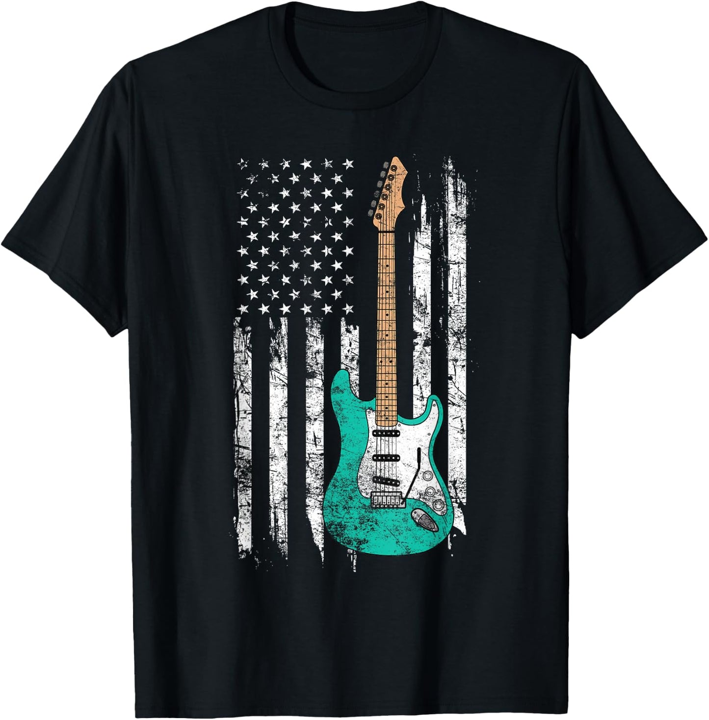 Vintage Guitar - American US Flag T-Shirt - T-Shirt | Black