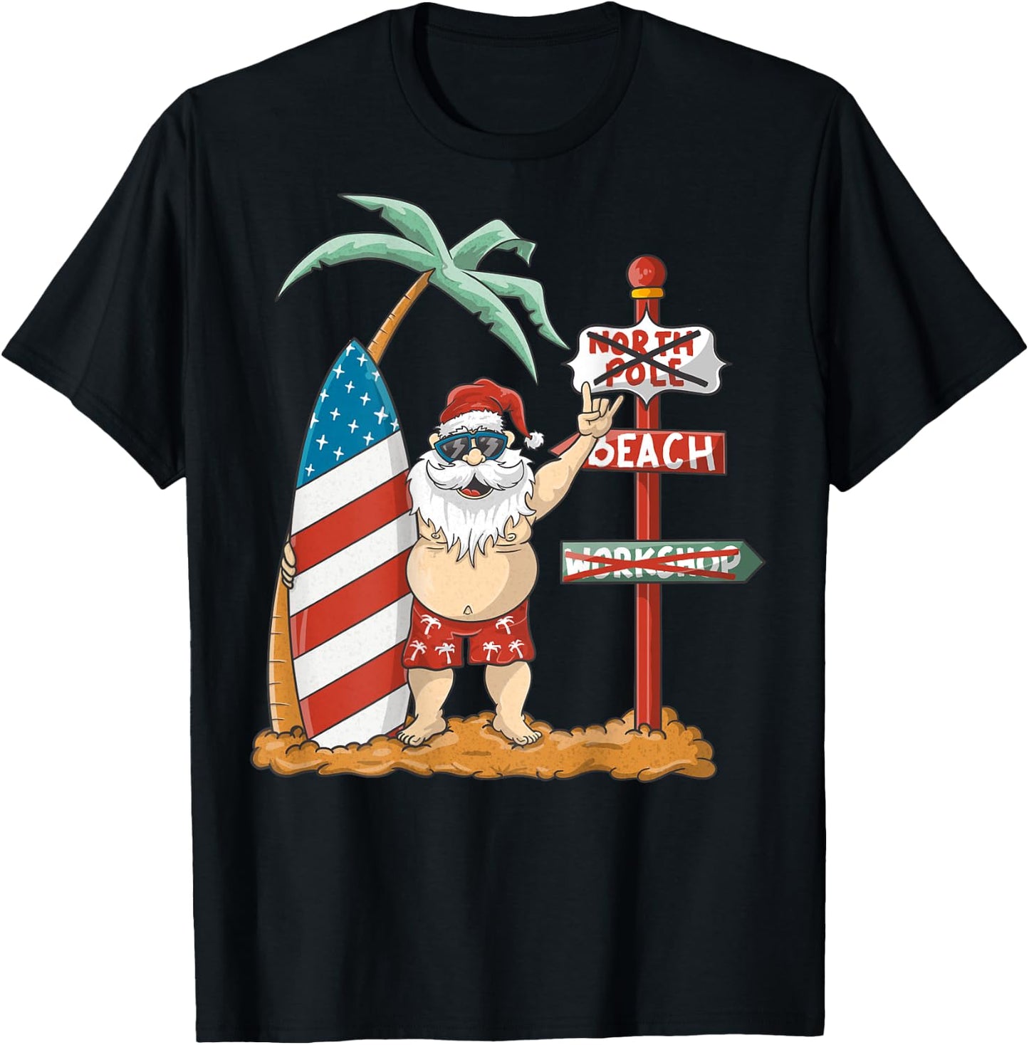 Surfing Santa With USA Patriotic Surfboard Christmas in July Women Kids Men T-Shirt - T-Shirt | Black