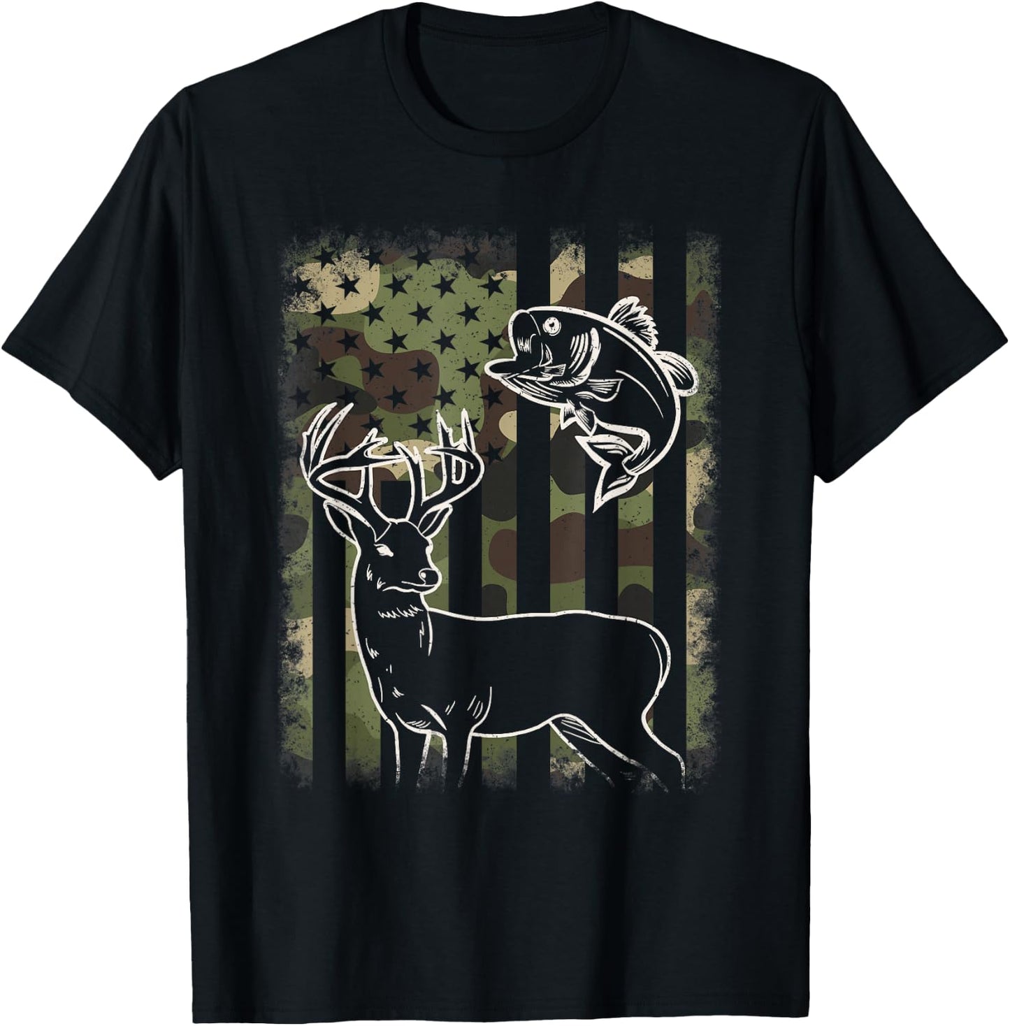 Camouflage American Flag Fishing Deer Hunting Hunter Men T-Shirt - T-Shirt | Black