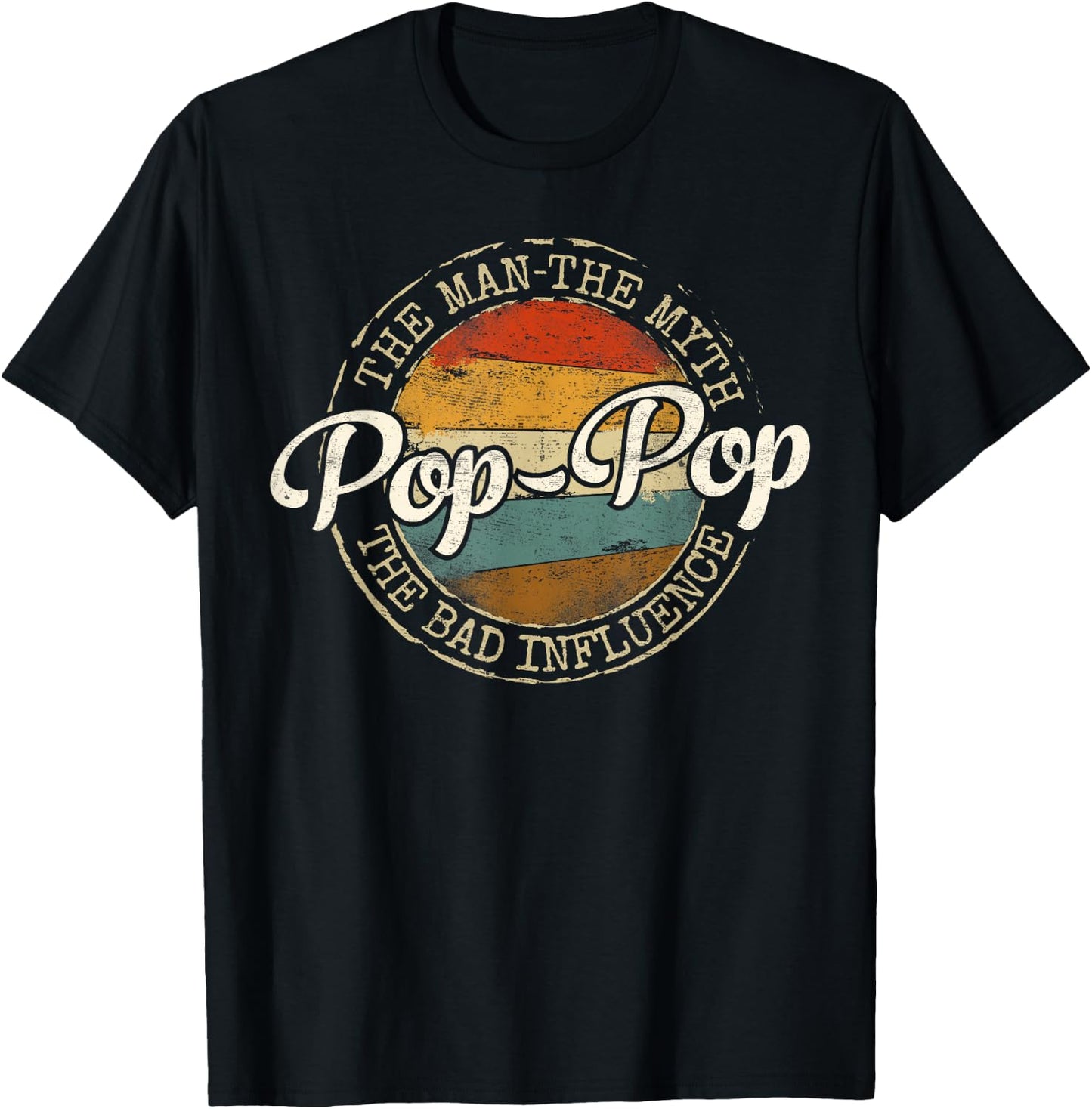 Pop-Pop Man Myth Bad Influence Vintage Stamp Fathers Day T-Shirt - T-Shirt | Black