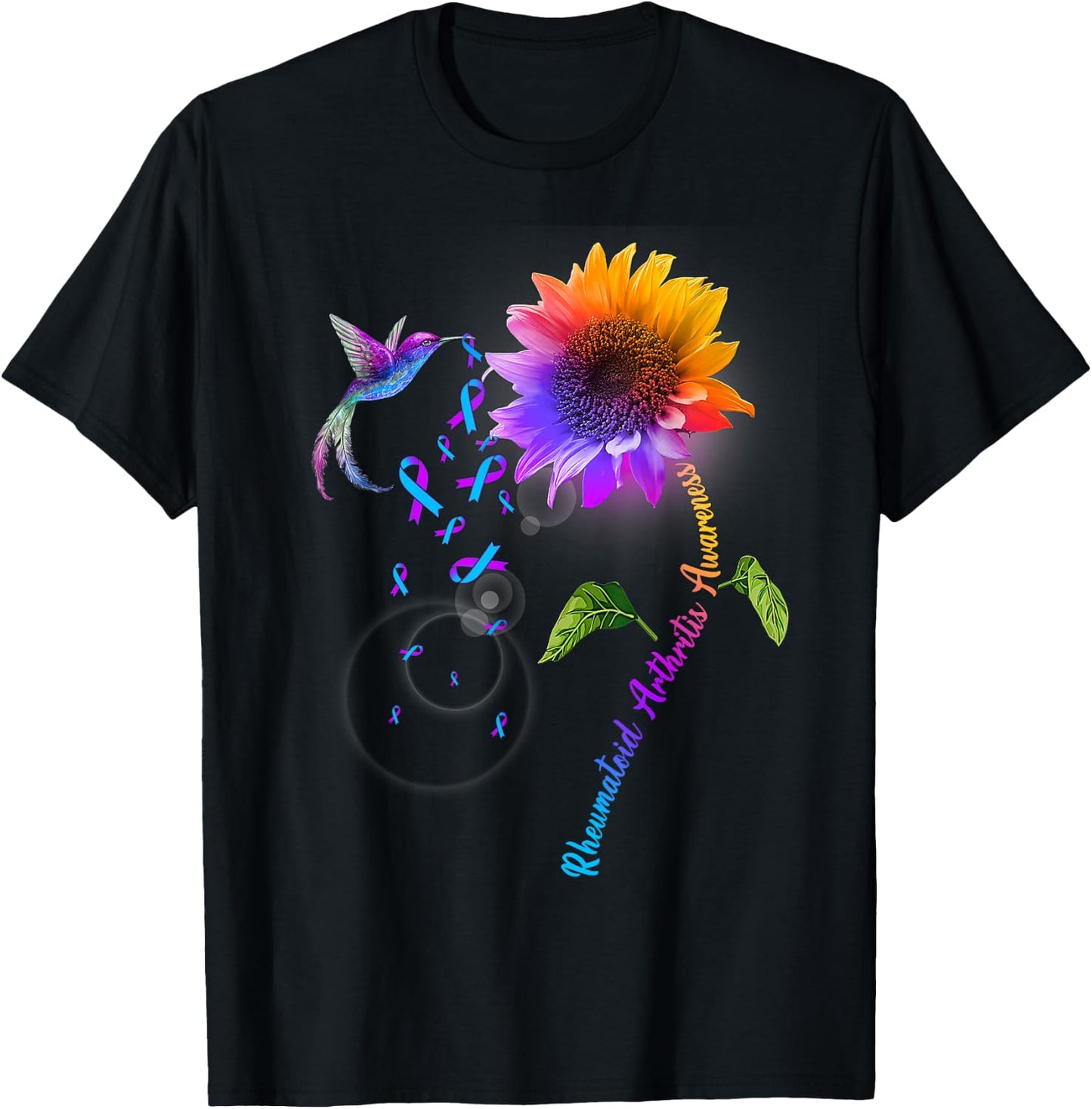 Rheumatoid Arthritis Awareness Sunflower Hummingbird T-Shirt - T-Shirt | Black