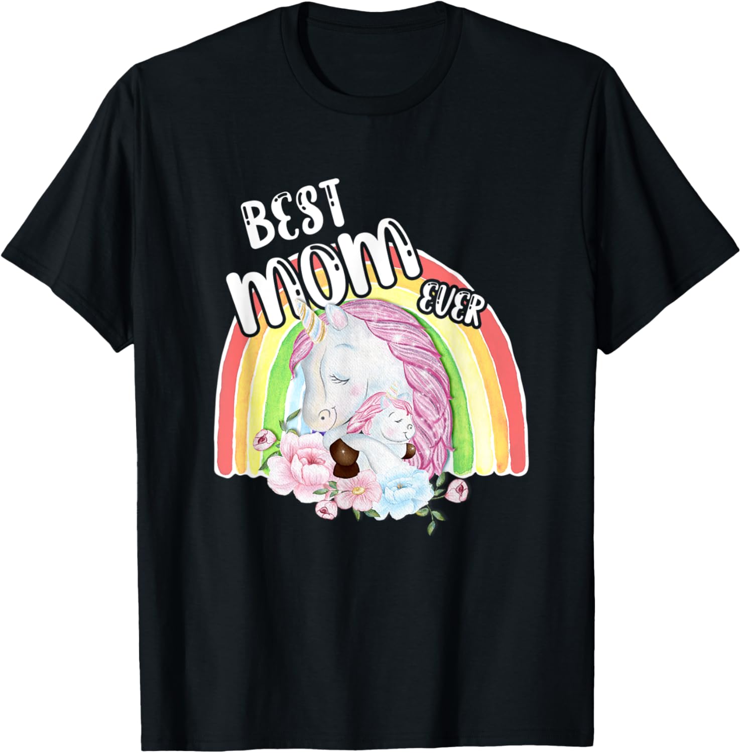 Best Mom Ever Rainbow Unicorn and Baby Cute Mother's Day T-Shirt - T-Shirt | Black