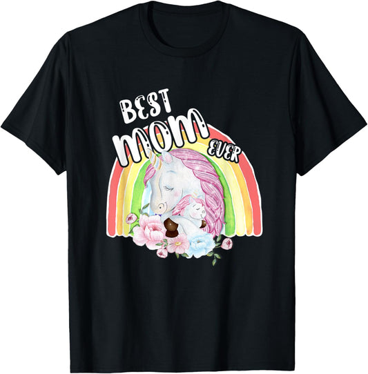Best Mom Ever Rainbow Unicorn and Baby Cute Mother's Day T-Shirt - T-Shirt | Black