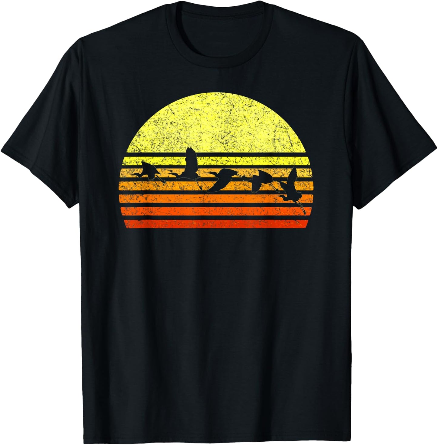 Great Blue Heron Bird Retro Sunset Vintage Distressed Sun T-Shirt - T-Shirt | Black