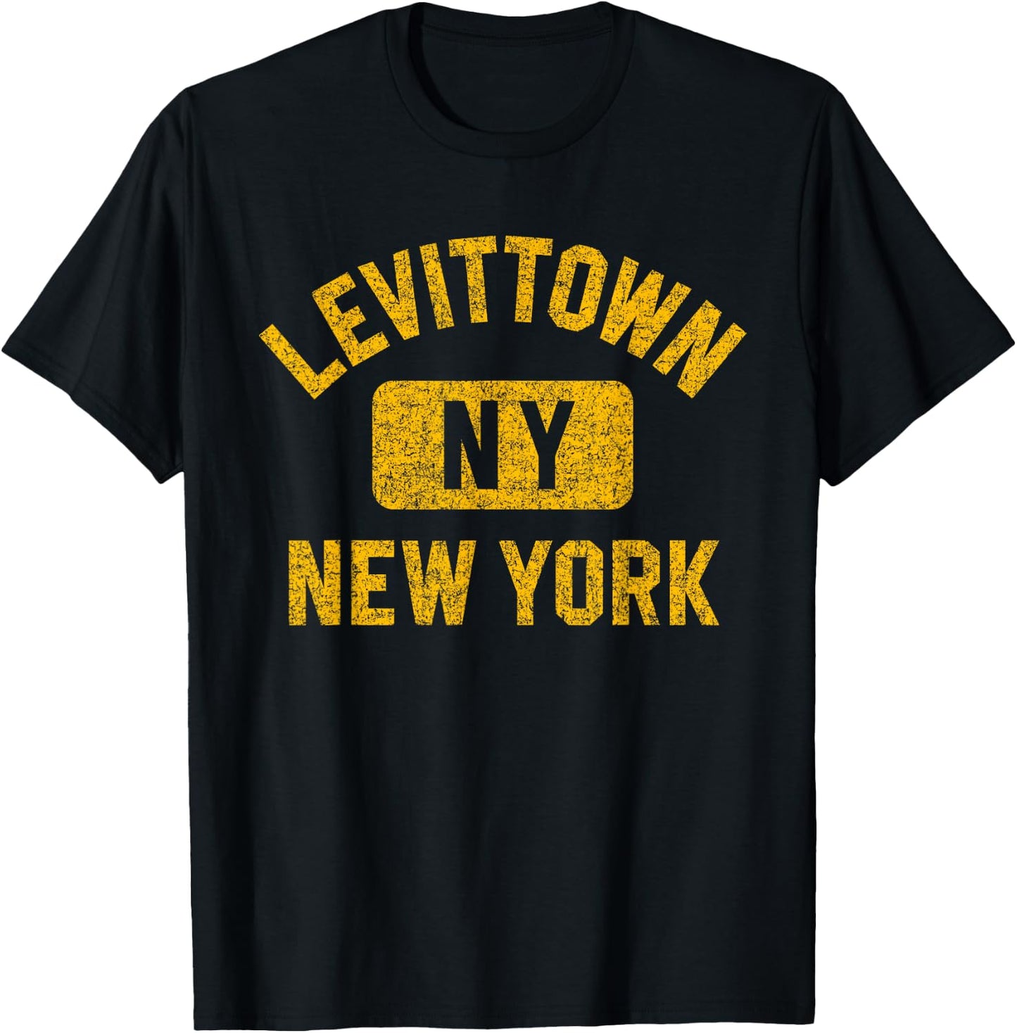 Levittown New York Gym Style Distressed Amber Print T-Shirt - T-Shirt | Black