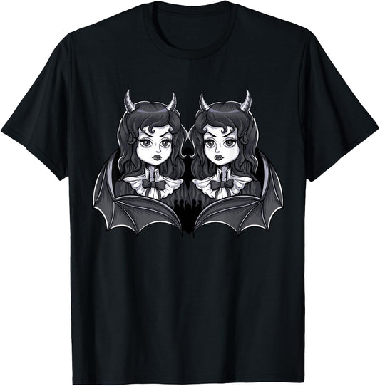 Gothic Victorian Siamese Twins Witch Demon Vampire Girls T-Shirt - T-Shirt | Black
