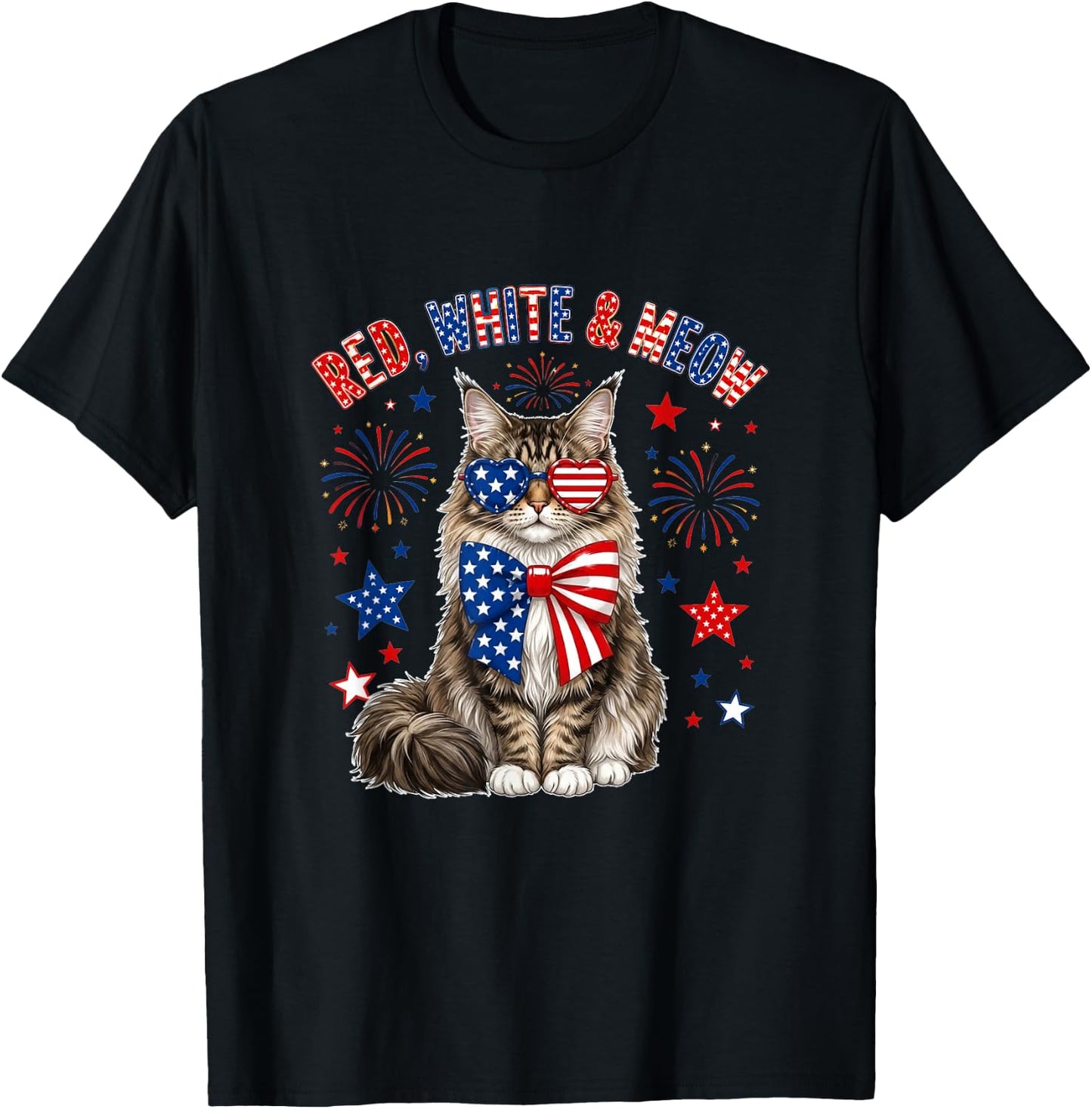 Red White and Maine Coon Cat Sound 4th of July US Flag Owner T-Shirt - T-Shirt | Black
