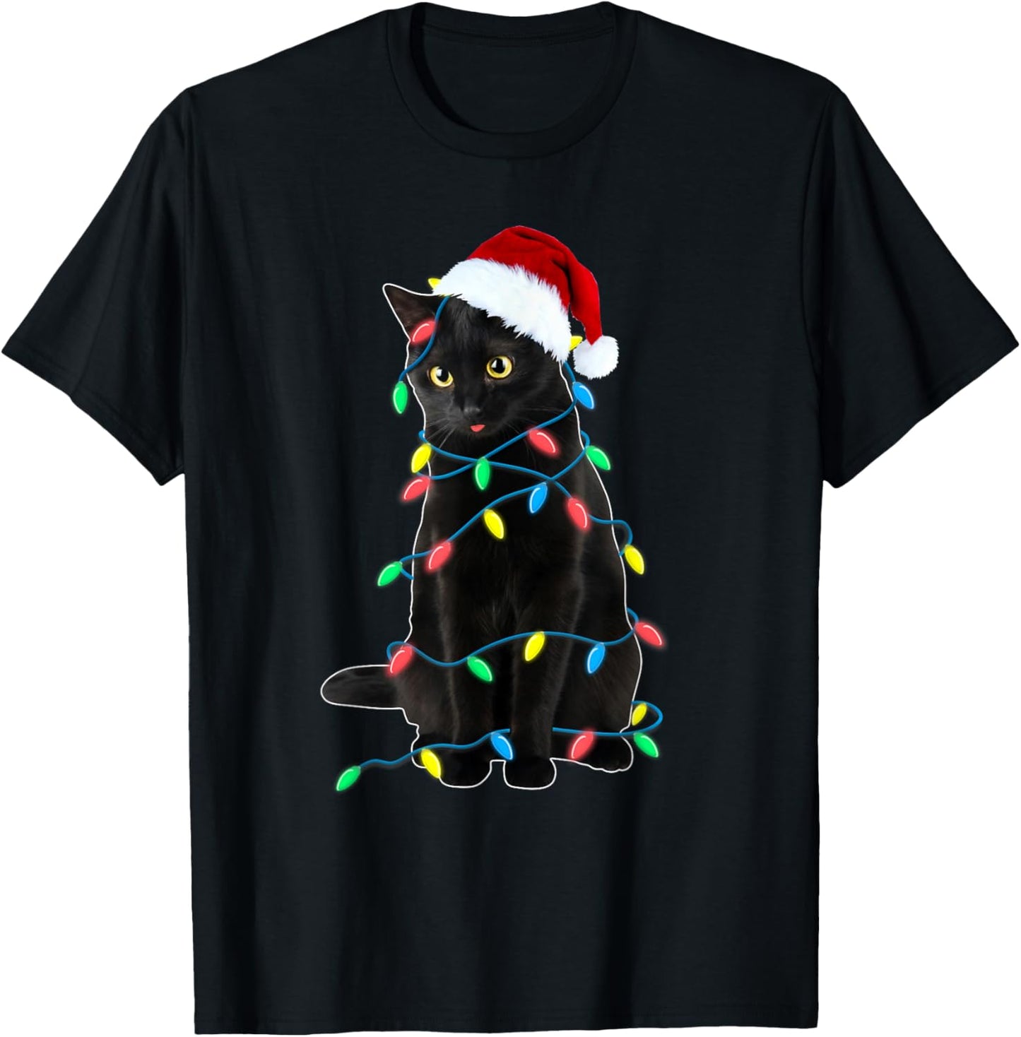 Black Cat Christmas Tree Lights Funny Santa Kitten Led Light T-Shirt - T-Shirt | Black