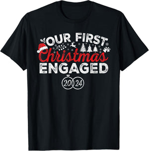 Our First Christmas Engaged 2024 Christmas Couple Matching T-Shirt - T-Shirt | Black