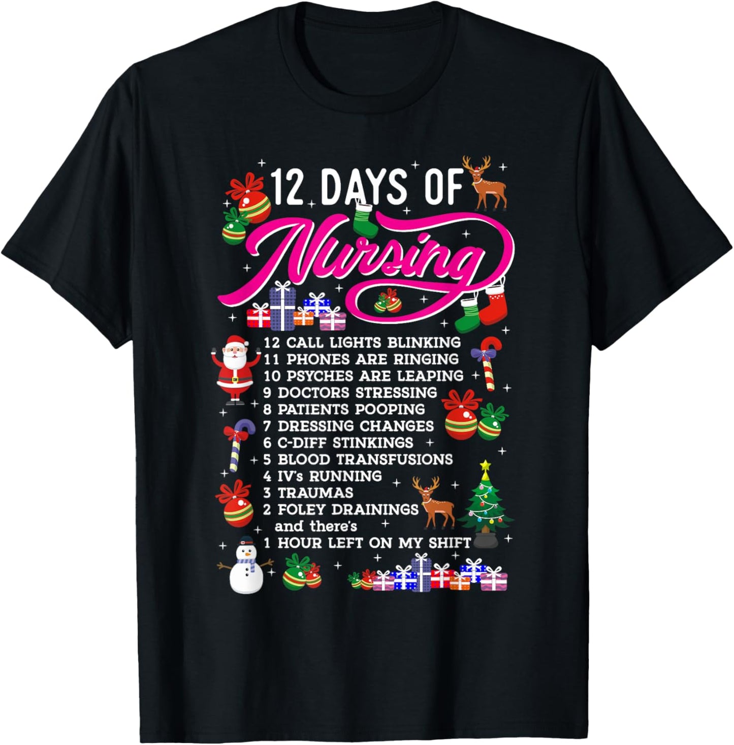 12 Days Of Nursing Merry Christmas Shirts Xmas T-Shirt - T-Shirt | Black