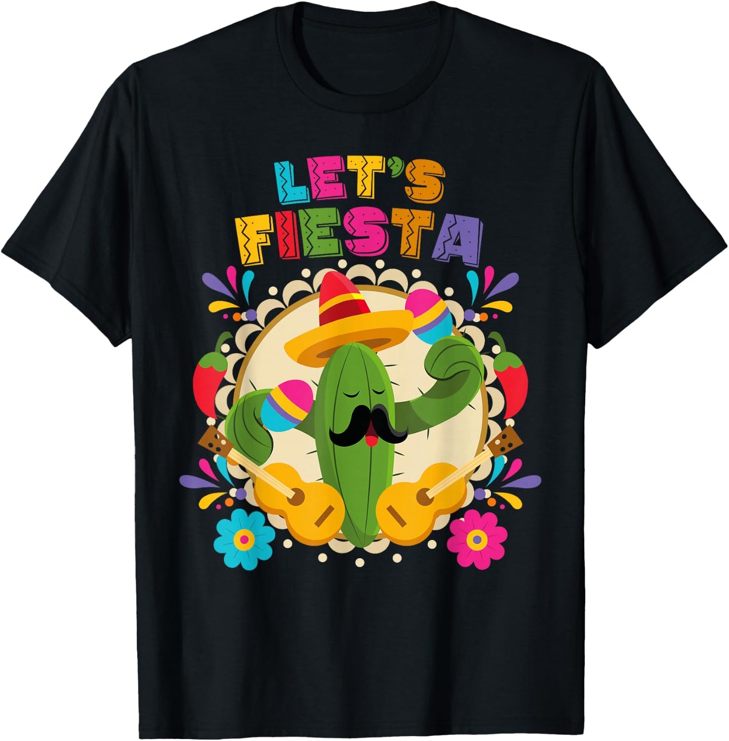 Lets Fiesta Cinco De Mayo with Guitar Cactus Sombrero T-Shirt - T-Shirt | Black