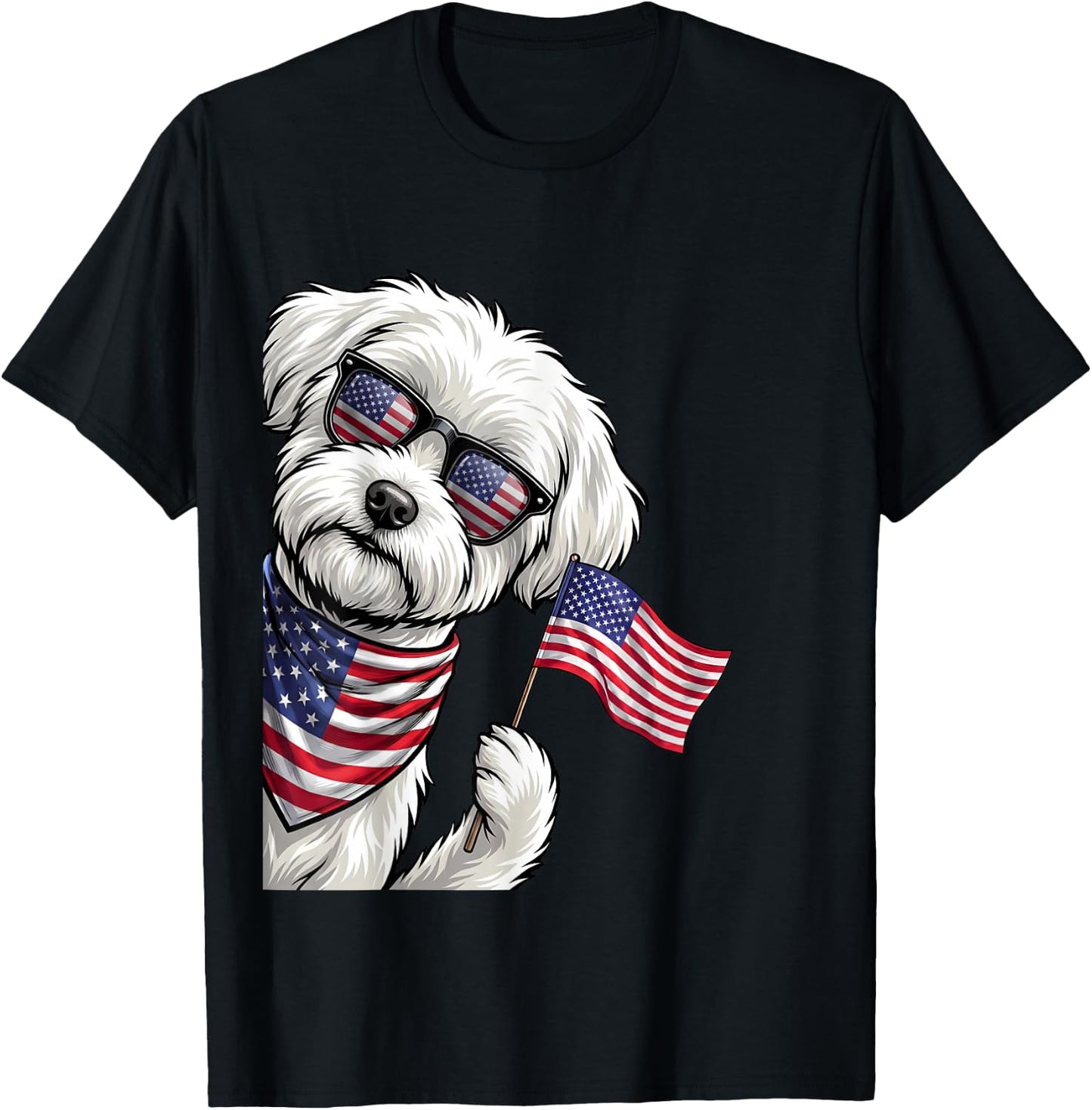 Maltese Dog Patriotic American Flag 4th of July USA T-Shirt - T-Shirt | Black