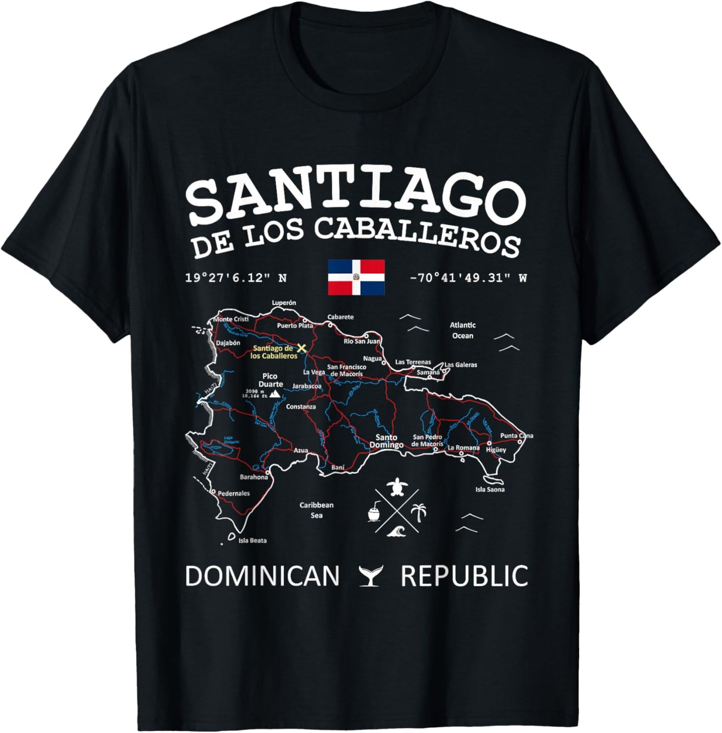SANTIAGO de los Caballeros Dominican Republic Map Flag T-Shirt - T-Shirt | Black