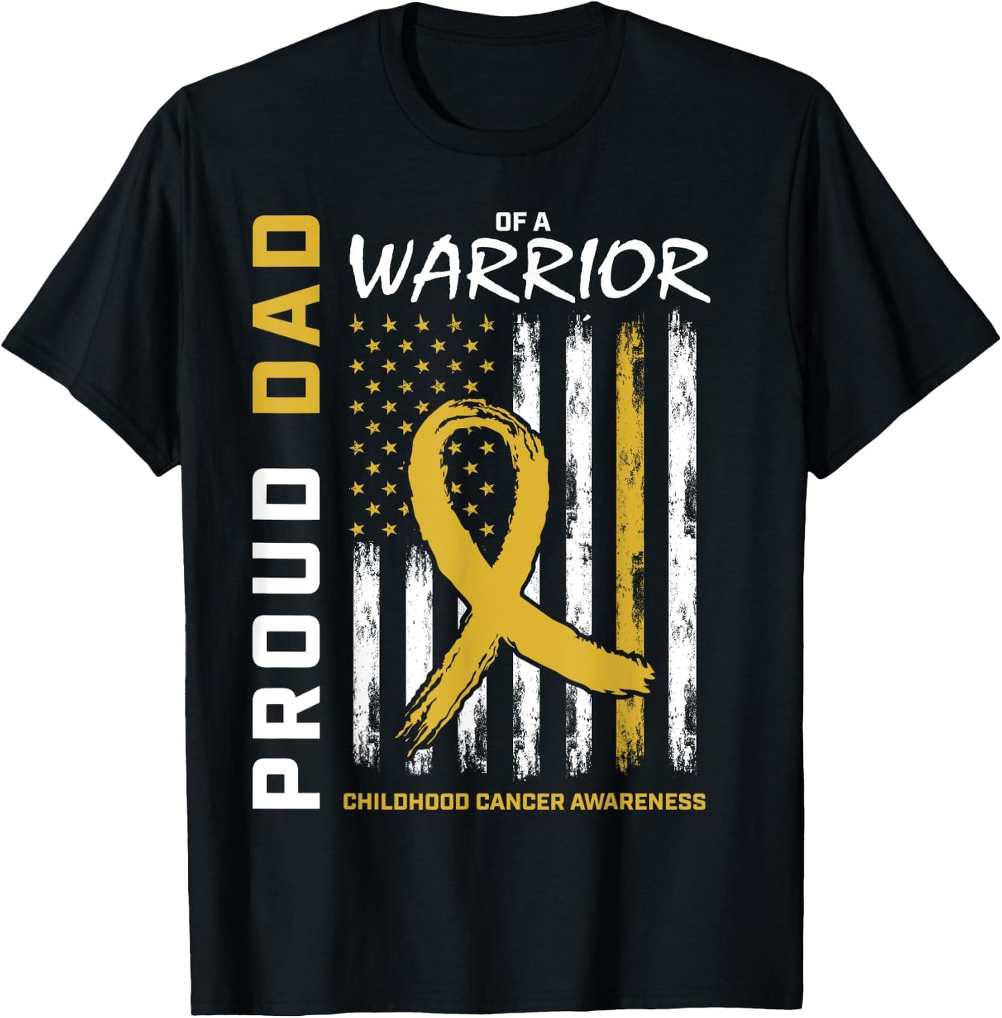 Gold Proud Dad Childhood Cancer Awareness Men American Flag T-Shirt - T-Shirt | Black