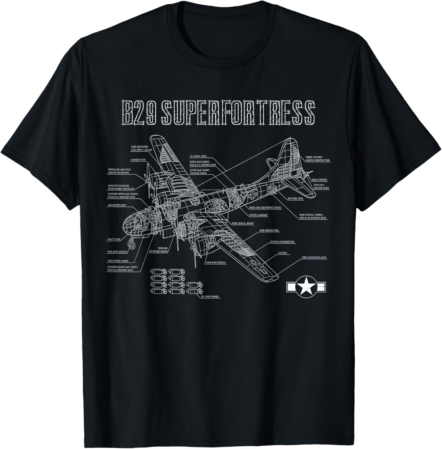 World War 2 Aircraft Blueprint WWII B29 Superfortress Bomber T-Shirt - T-Shirt | Black