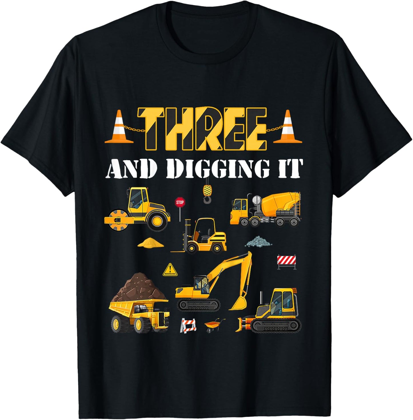 Kids Three And Digging It 3rd Birthday Construction Boy 3 Yrs Old T-Shirt - T-Shirt | Black