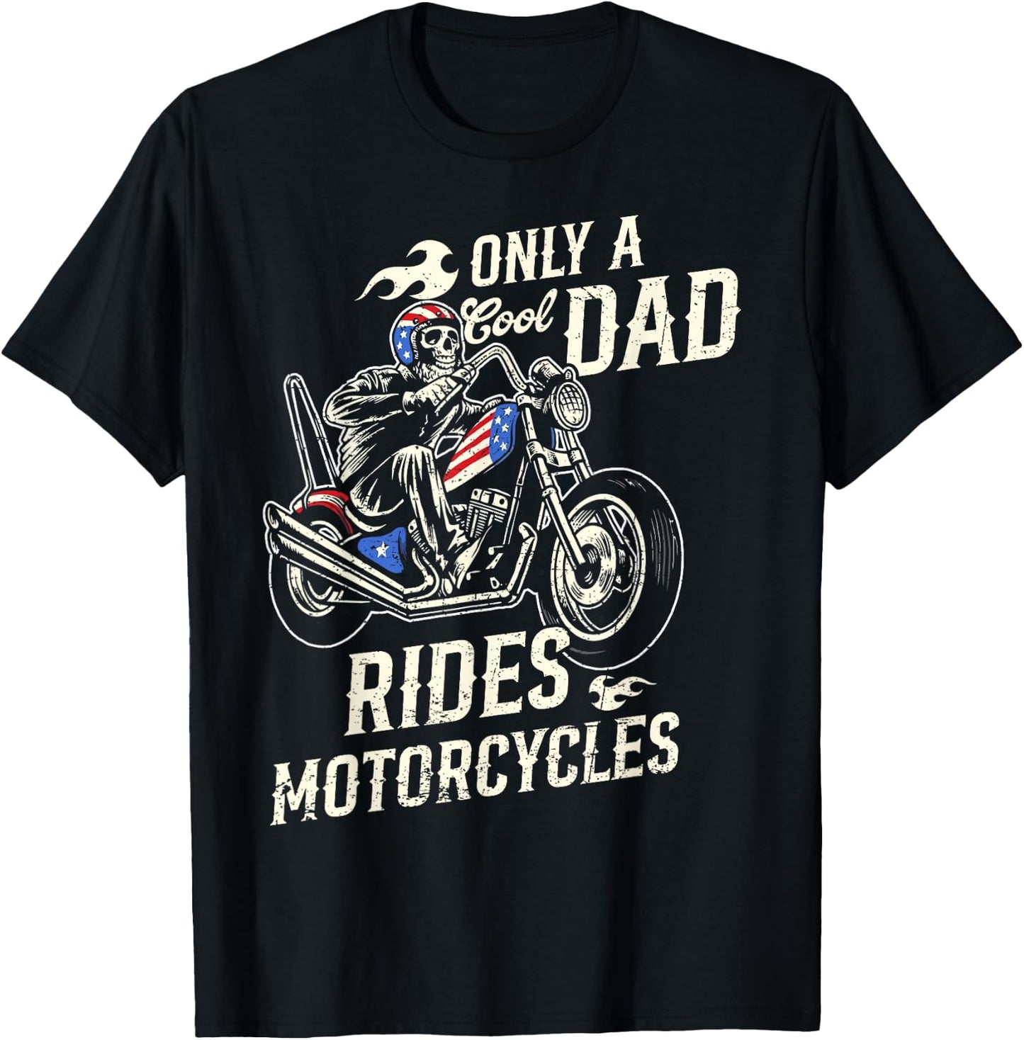 Only A Cool Dad Rides Motorcycles Skull Biker Fathers Day T-Shirt - T-Shirt | Black