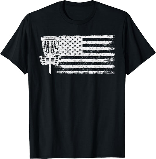 Disc Golf American Flag Shirt, USA Frisbee Disc Golfer T-Shirt - T-Shirt | Black