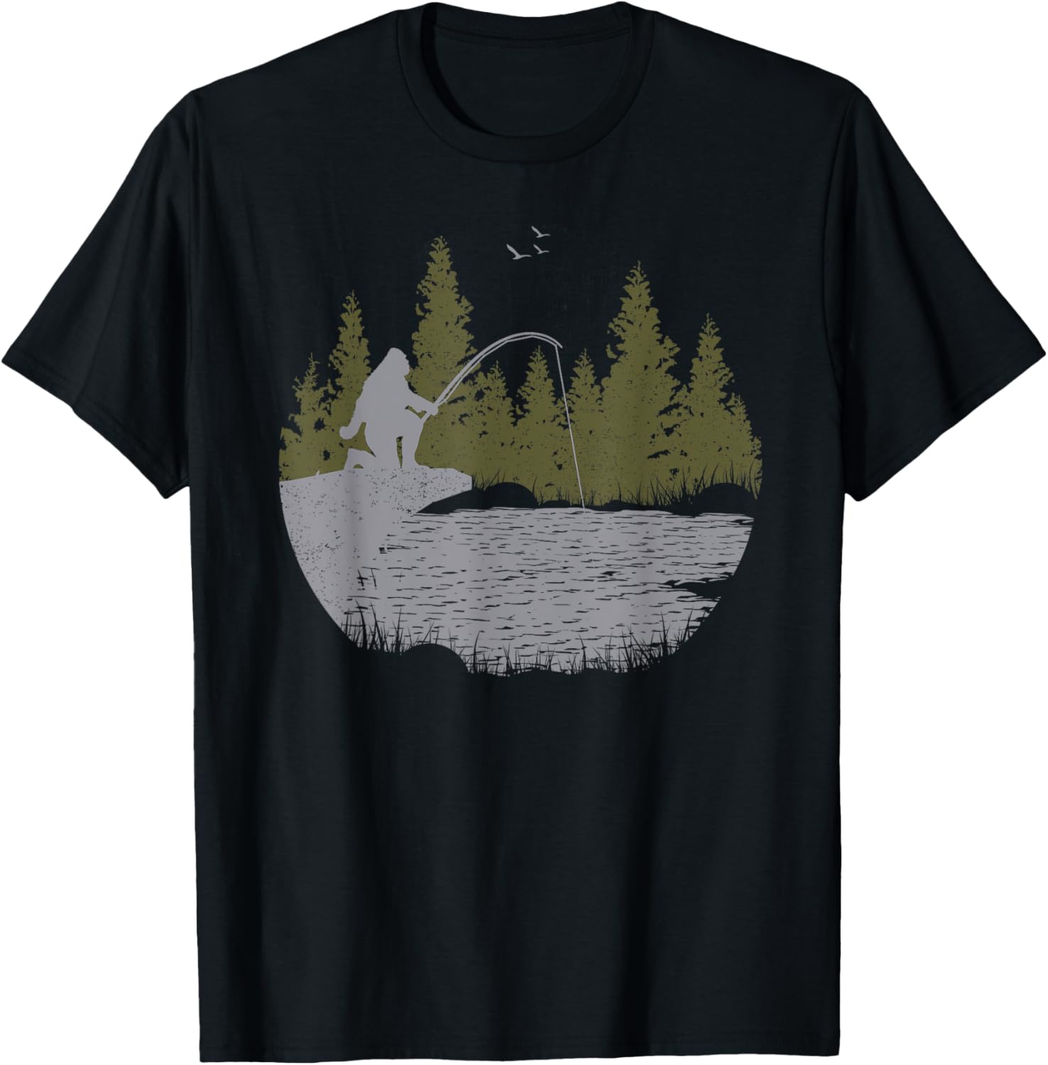 Funny Bigfoot Fishing Sasquatch & Trees Distressed Fisherman T-Shirt - T-Shirt | Black