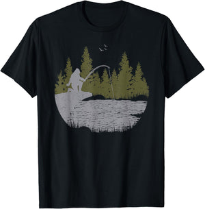Funny Bigfoot Fishing Sasquatch & Trees Distressed Fisherman T-Shirt - T-Shirt | Black