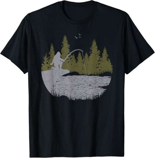 Funny Bigfoot Fishing Sasquatch & Trees Distressed Fisherman T-Shirt - T-Shirt | Black